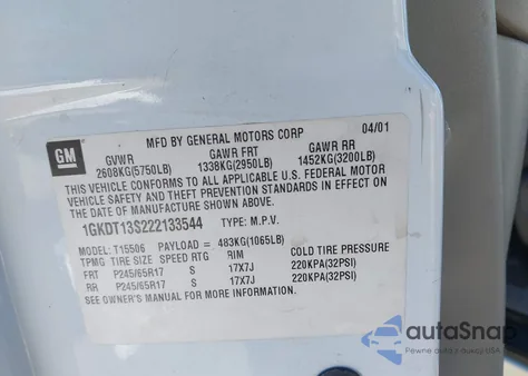 2002 GMC Envoy Slt z USA, uszkodzony, nr VIN 1GKDT13S222133544